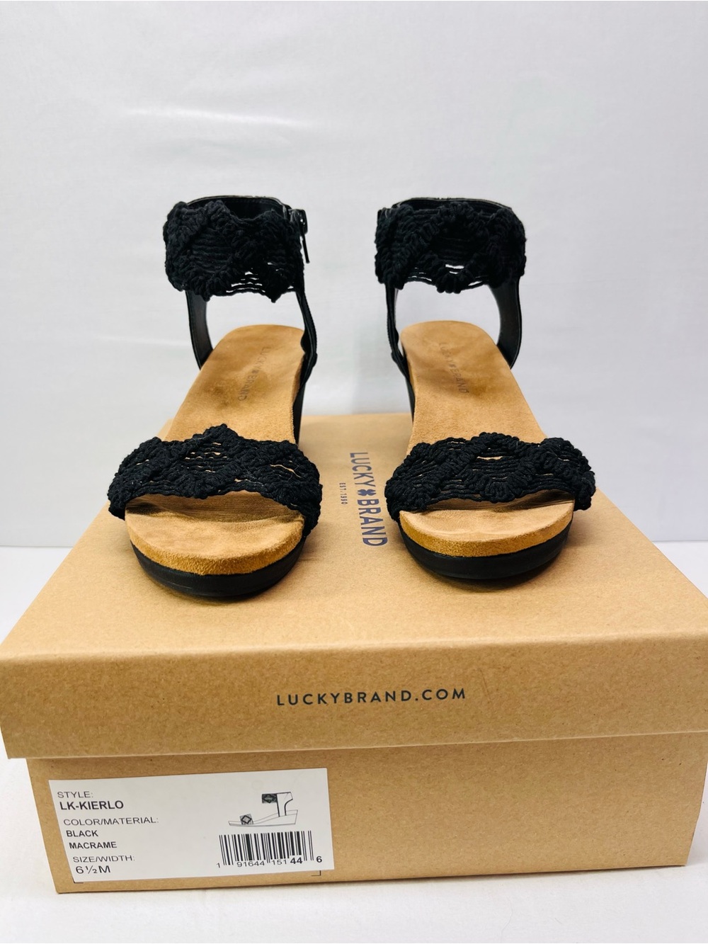 Lucky Brand Black Macramé Open-Toe Ankle Strap Sandals